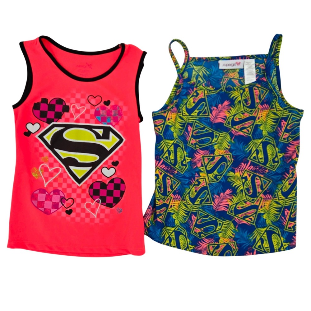 Supergirl Size M 7/8 Tank Top Set Girls Superhero Tropical Hearts‎ 2pc Bundle